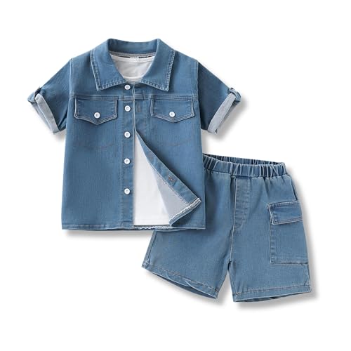 Klyatpxoen 3T Boys' Denim Set – Short Sleeve Jean Jacket + Stretch Shorts | Summer Outfit Toddler Baby Boys Outfits