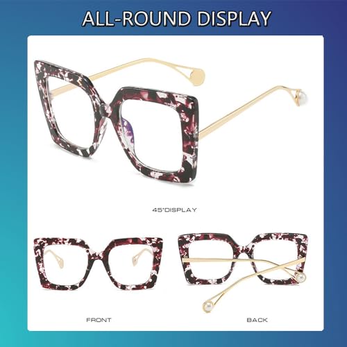 Image of Oversized Square Blue Light Blocking Glasses for Women Thick Fashion Pearl Inlay Arm Eyewear Computer Eyeglasses