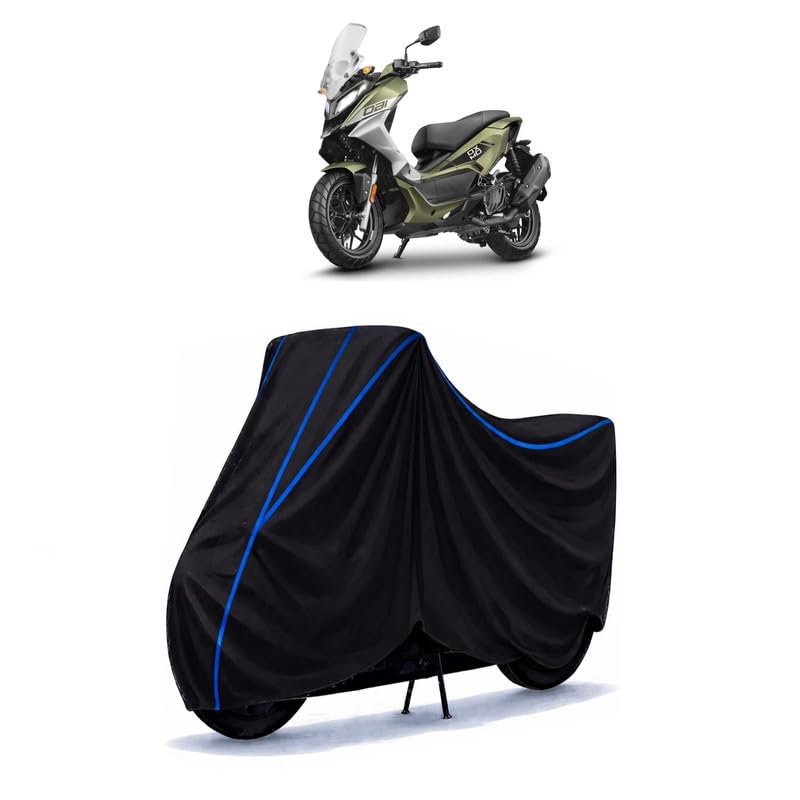 Image of Scooty Cover Water Resistant for Xoom 160 Moto | Universal Scooter & Bike Cover | Heavy Duty UV Dust, Rain & Scratch Protection | Elastic Fit All Weather Indoor Outdoor | Black with Blue Piping