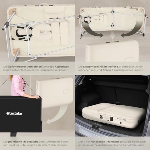 tectake® Massageliege 3 Zonen, Massagetisch, Massageliege klappbar, höhenverstellbare Aluminium Massageliege, Massagebett tragbar inkl. Zubehör, Kopfstütze, Armlehne, Tragetasche - beige 5