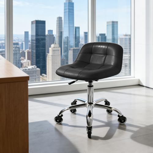 Rolling Stool Chair with Wheels, Height Adjustable Stool with Back Support, Office Drafting Chair with PU Leather Cushion for Home Office Kitchen Vanity Salon Garage Tattoo Dentist Esthetician(Black)
