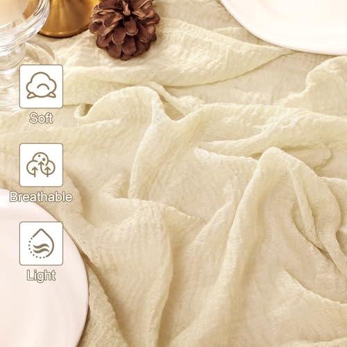 GARENY 2 Pack 10 Ft Cheesecloth Table Runner 120 Inches Long Boho Ivory Cream White Cheese Cloth Table Runner for Baby Shower Decorations Wedding Decor Holiday Party Centerpiece Table Decorations