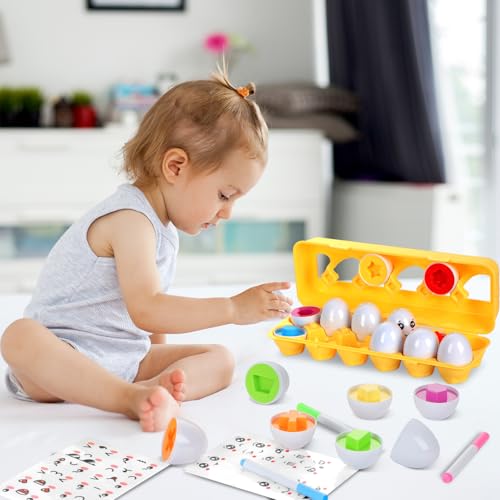 KOMABLEN 12Pcs Passende Eier Montessori Spielzeug, Eier Kinder Farb und Formen Sortierung Anerkennung, Puzzle Eier Sensorik Spielzeug Kleinkinder Mit Aufklebern und Stift für Ostern, Kindertag