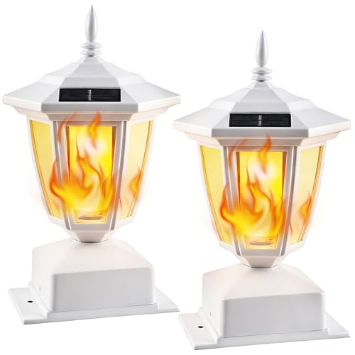 Dynaming 2 Pack Solar Flame Post Lights Outdoor, Solar Powered Lamps Fence Post Cap Lights, Flickering Flame LED Lantern Waterproof for Garden Deck Patio, Fit 4x4, 5x5 or 6x6 Wooden Posts, White Shell