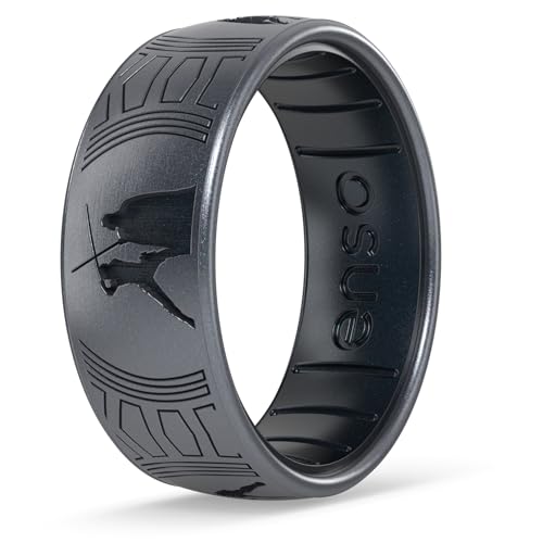 Enso Rings DualTone Silicone Ring - Etched Star Wars Designs - Comfortable Contour Fit - Made in USA - Ideal for Active Use - The Chosen Duel - Gunmetal Enso/Black Pearl - Size 10