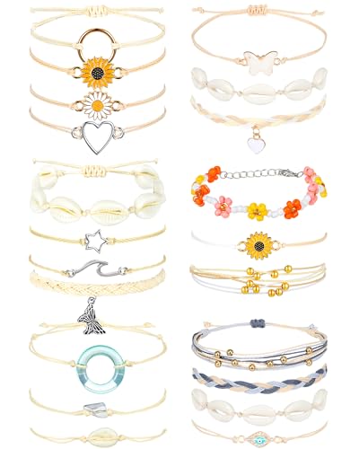 Image of Hicarer 21 PC Surfer Wave Friendship Bracelet Set Waterproof Adjustable Boho Beach String Anklets Bulk, Summer Gift for Women
