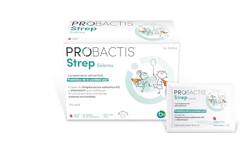 Probiótico en sobres Probactis Strep® - Ayuda a las Defensas del Oído, Nariz y Garganta - 30 Sobres - Complemento Probiótico con Vitamina D, Sin Gluten - Efecto de Hasta 6 Meses - Sabor Fresa