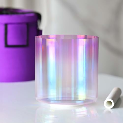 CVNC 440HZ 7 Inch F Note Heart Chakra Pink Purple Color Clear Quartz Crystal Singing Bowl with Carry Case Bag for Sound Healing and Meditation