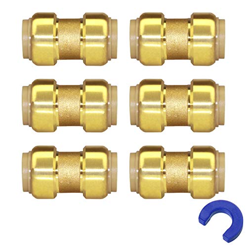 (6-Pack) 1/2-Inch Push-to-Connect Plumbing Fittings, Pushfit Straight Coupling Pipe Fitting with 1/2\" Disconnect Clip, Brass Pushfit Fittings Plumbing Pipe Connector for PEX tubing, Copper, CPVC