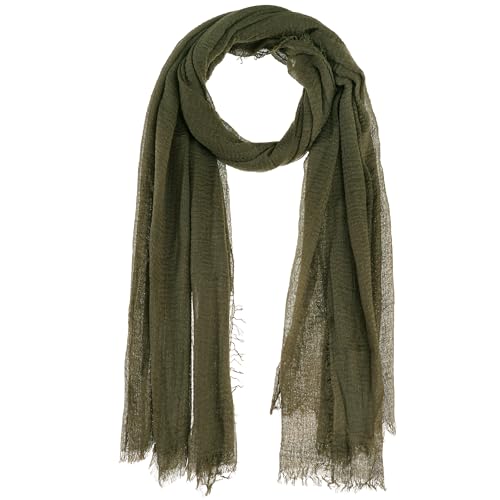 Image of Nydotd Women Summer Cotton Linen Scarf Crinkle Long Beach Shawl Wrap hijab with Fringe (Army Green, 71 x 35 Inch)