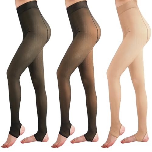Image of Eurzom 3 Pairs Fleece Lined Stirrup Tights Women Fake Translucent Thermal Elastic Skin Colored Tights Warm Pantyhose