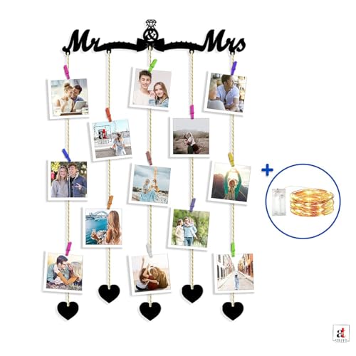 Image of Art Street Mr & Mrs MDF Plaque Clip Photo Frame Collage Hanging Frame with Wooden Clips with LED Lights, Valentine Day Gift (Black, 18.5 x 32 Inch)