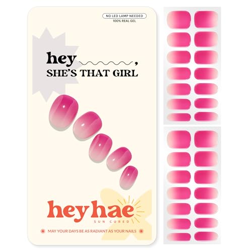 Heyhae Semi Cured Gel Nail Strips | No LED Lamp Needed |Pink Ombre | Easy Apply & Remove Salon Quality | Includes 28 Strips 2 Prep Pads Nail File & Wooden stick - Hey Shes that girl