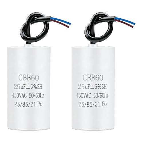 2 Piezas CBB60 25uf 450V Condensador, 50/60HZ Condensador Arranque Motor con Cable, Condensador de Marcha para Motor Monofásico, Compatible con Compresor, Bomba de Agua, Lavadora, Aire Acondicionado