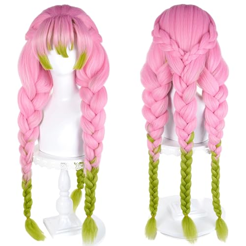Aicos Pink Mix Green Cosplay Wigs for Women Long Braid Mitsuri Cosplay Wig with Bangs Heat Resistant Pink Green Long Hair Wigs for Halloween Party