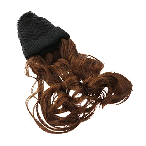 Healeved Wig-added Knitted Hat Wig Long Curly Wig Synthetic Hairpiece Comfortable Breathable One-piece Wig h