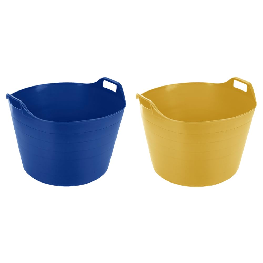 M1SS (Set of 2) 75L Litre Blue And Yellow Robust Versatile Multipurpose Extra Large Flexi Tub Garden Home Flexible Plastic Storage Container Bucket Trugs Horse Feeder Flex Tub- MADE IN UK