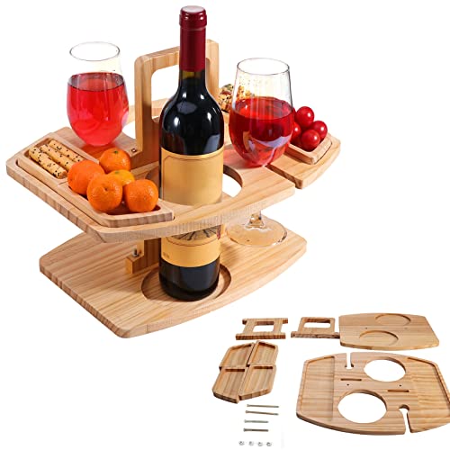 Tragbarer Picknicktisch Outdoor Wein Picknicktisch Mini Möbel Snack Tablett Käsetablett Holz Picknick Tisch Party mit Glashalter, Klappbarer Wein und Champagner Picknick Tisch für Camping, Strand,Park