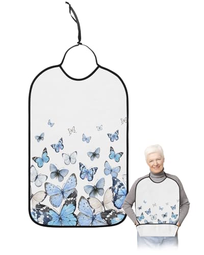 Adult Bibs for Elderly Women - Blue Butterfly Waterproof Dining Clothing Protectors with Crumb Catcher for Eating/Feeding, Watercolor Modern Abstract Art Aesthetics Terry Cloth Bib Machine Washable