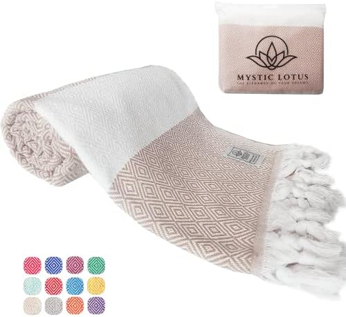 MYSTIC LOTUS Turkish Beach Towel (38x71) %100 Turkish Cotton Bath and Beach Towels - Oversized Quick Dry Sand Free - Turkish Bath Towels for SPA, Pool, Beach, Travel, Picnic and Bathroom (Beige)