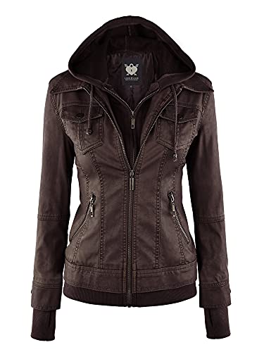 Lock and Love Women's Faux Leather Moto Biker Jacket Coat with Removable or Non-Removable Hood