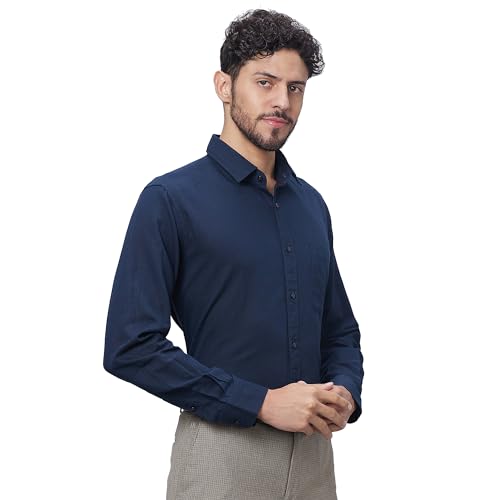 Image of Raymond Men Slim Fit Solid Pattern Linen Cotton Blend Regular Collar Full Sleeve Casual Shirt