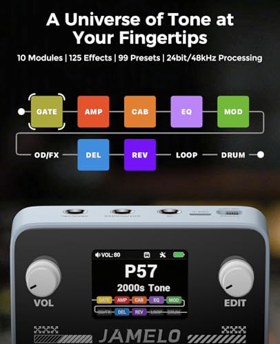 Image of JAMELO Pocket Guitar Multi Effects Pedal, with 125 Effects, 99 Presets, 30 Amp Modeling, IR Loaders, Looper 100 Drum Rhythms BT Audio USB OTG Support Rechargeable Guitar Effects Processor (Gray)