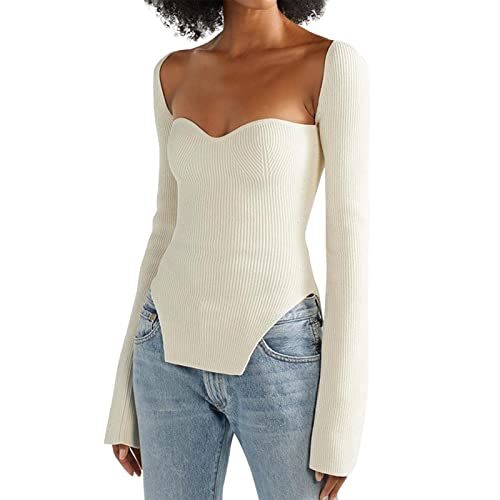 Image of Women's Square Neck Ribbed Knitted Sweater Long Sleeve Crop Slim Fitted Basic Pullover Tops