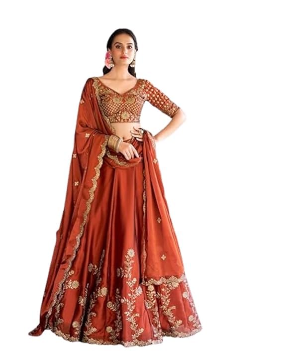 KOMTAN CREATION Women's Orange Sequence Embroidery Work Silk Semi-Sttiched Lehenga Choli-image-4