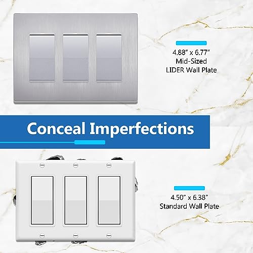 Image of LIDER Decorator Switch Cover, Screwless Wall Plate, Mid-Size 3-Gang 4.88 inch x 6.77 inch, LSWP-33M-BSV, UL Listed, Thermoplastic, Brushed Silver, 1-Pack