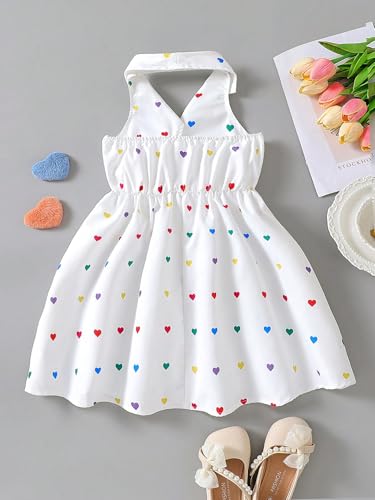 Girls Summer Halter Dress with Polo Collar – Sleeveless Rainbow Heart Print Backless Sundress, Ages 4–7, White Casual Outfit3