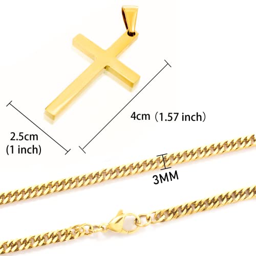 Tuewut Cross Necklace For Men, Silver Gold Stainless Steel Plain Cross Pendant Necklace For Men Cuban Chain 18-26 Inch (24.0 Inches, Gold) #TOP1