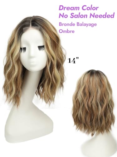 Image of Eawwii Wigs for Women Bronde Balayage Ombre,Short Wavy Synthetic Lace Wig | Glueless 4x1 Lace Hairline, Heat-Resistant Fiber,Bob Wave Style,Natural Appearance for Everyday14 Inch