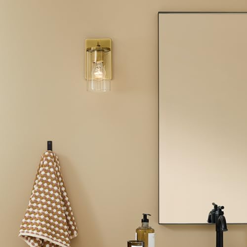 Image of Kichler Crosby 4.5 inch 1-Light Wall Sconce Bathroom Light Fixture with Clear Glass in Natural Brass for Powder Room, Hallway, Kitchen, Bedroom (4.5 inch x 9.25 inch), 45495NBRCLR
