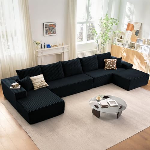 Image of Oversized Modular Sectional Sofa Couch, Large 6 Seater Corner Sofa Modern U Shaped Sectional Couch Cloud Couches for Living Room, Office, Spacious Space, Corduroy, No Assembly Required, Black