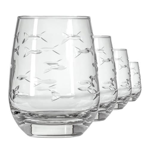 Rolf Glass School of Fish Clear Stemless Wine Glass | Set of 4 Stemless Glasses | 15oz Glass Tumblers | Engraved Lead-Free Coastal Glassware | Made in the USA