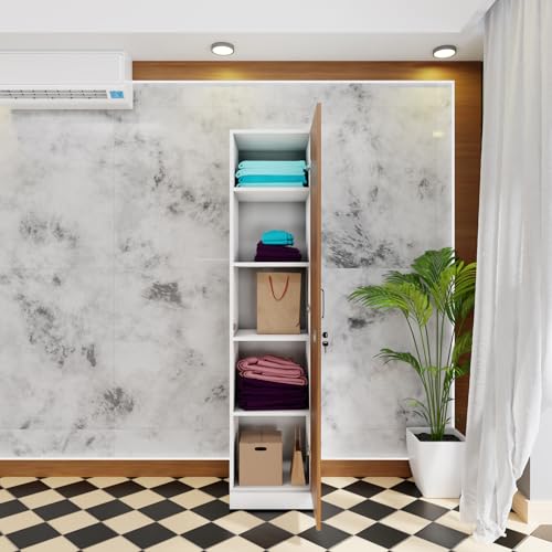 Image of VIKI Wardrobe | Wooden Almirah for Clothes,Door for Bedroom, 1 Door Wardrobe with Doors (Frosty White, Brussel Walnut - 40D x 40W x 180H) | 1 Year Warranty | DIY