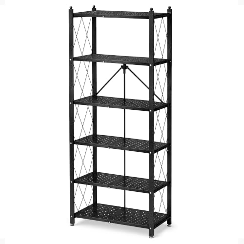 Image of Origami 6-Shelf Bookcase | Open Style, Organizer Deco Rack, Large Book shelf, Tall Bookcase, Living room shelving, Freestanding, No assembly /no tools required, Modern Vertical Furniture | Black