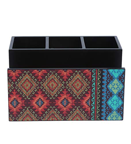 Image of Wooden Utensils Cutlery Holder I Countertop Organizer - Spoon Fork Knife Napkin Tissue Paper I Home & Kitchen I Size 7 inch X 5 inch X 4 inch I Kilim,Multicolor