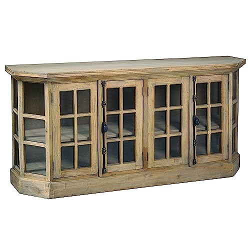 Sunset Trading Cottage 77 Window Pane Glass Door Display Credenza Driftwood Brown Solid Wood Dining Buffet Entryway Cabinet Fully Assembled Sideboard