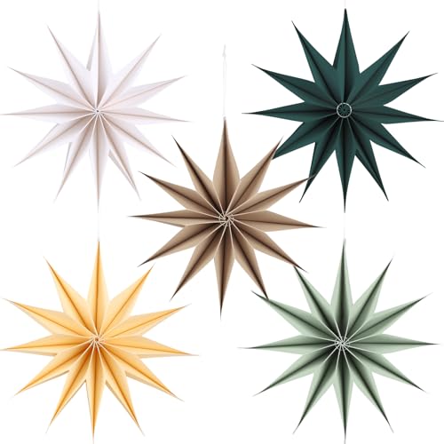 Image of 12 Inches 5 PCS Sage Green Paper Star Lanterns Hanging Stars Christmas Party Decorations Hanging Lampshade Christmas Wedding Birthday Christmas Home Party Decorations(12 Pointed)