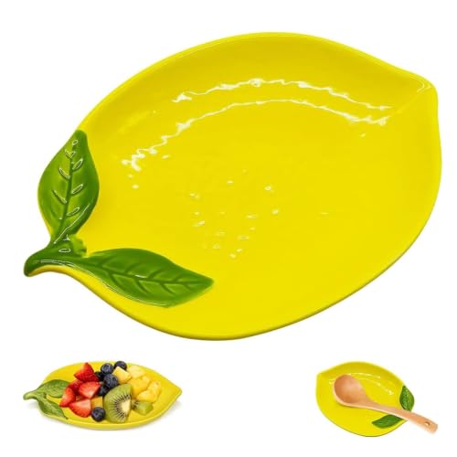 Charming Lemon Ceramic Spoon Rest, Colourful Utensil Holder with Leaf Design for Kitchen Counter and Stove Top, Ideal for Spatula and Ladle