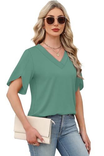 Image of WIHOLL Womens Summer Tops Short Petal Sleeve Shirts Fashion V Neck Womens Clothing