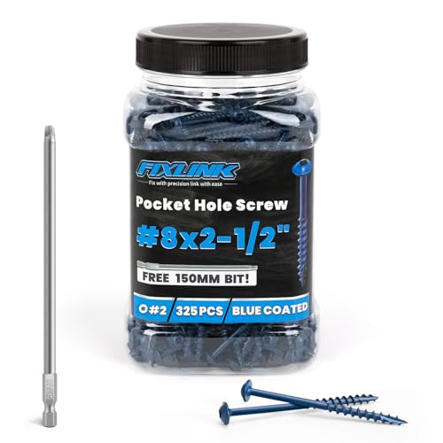 Pocket Hole Screws 2-1/2 Inch, FIXLINK Pocket Screws #8 X 2-1/2", 325 PCS, Above 1000 Hour Salt Spray Blue Coated Pocket Hole Screw for Outdoor, Square Drive, 150MM Drive Bit Included