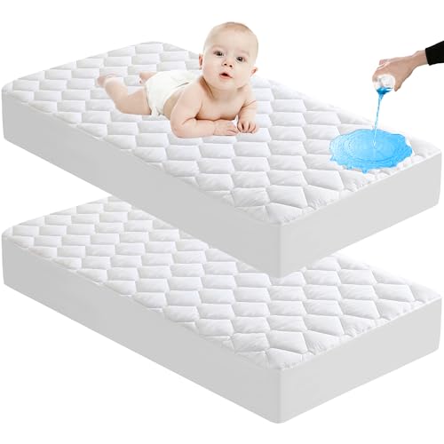 Image of Lunsing 2 Pack Waterproof Crib Mattress Protector, Soft & Breathable Crib Mattress Pad Cover, 3-10 inches Deep Pocket, 52"x28", White