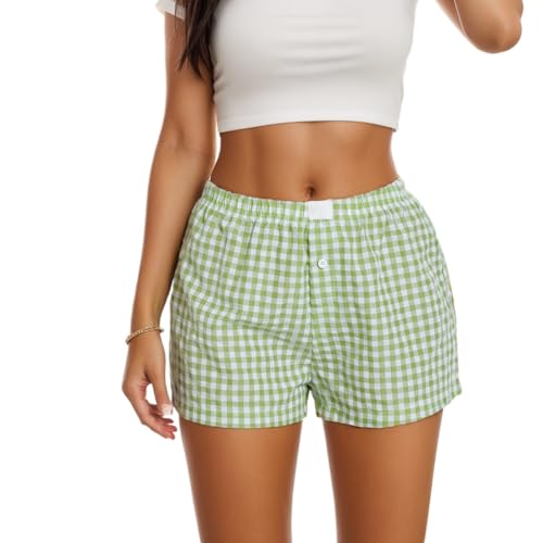 Image of Sumleno Womens Y2k Aesthetic Boxer Shorts Plaid Elastic Waist Lounge Pj Bottoms Summer Casual Gingham Pajamas Shorts
