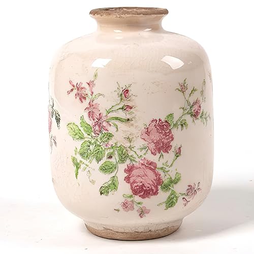 SYDDOL - Jarrón de cerámica blanco, pequeño jarrón de porcelana de estilo rústico francés pintado a mano con esmalte vintage agrietado para boda, mesa, oficina, dormitorio, 14 cm (floral rosa)
