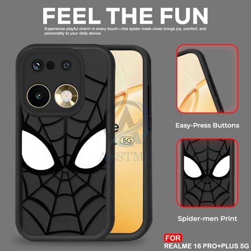 Image of AESTMO Back Case Cover for Realme 16 Pro Plus 5G Cover | Spidey Face Mask Design | Silicone Case | Full Body Protection | Camera Protection Back Cover for Realme 16 Pro Plus 5G (Black)