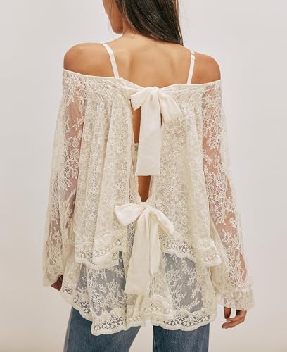 Women Sheer Lace Off The Shoulder Tops Lantern Long Sleeve Tiered Lacy Tops Loose See-Through Blouses4