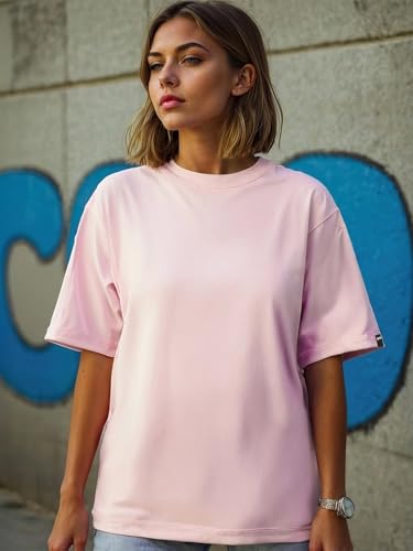 Image of Bewakoof Women's Solid Oversized Fit Half Sleeve Round Neck Cotton Jersey T-Shirt